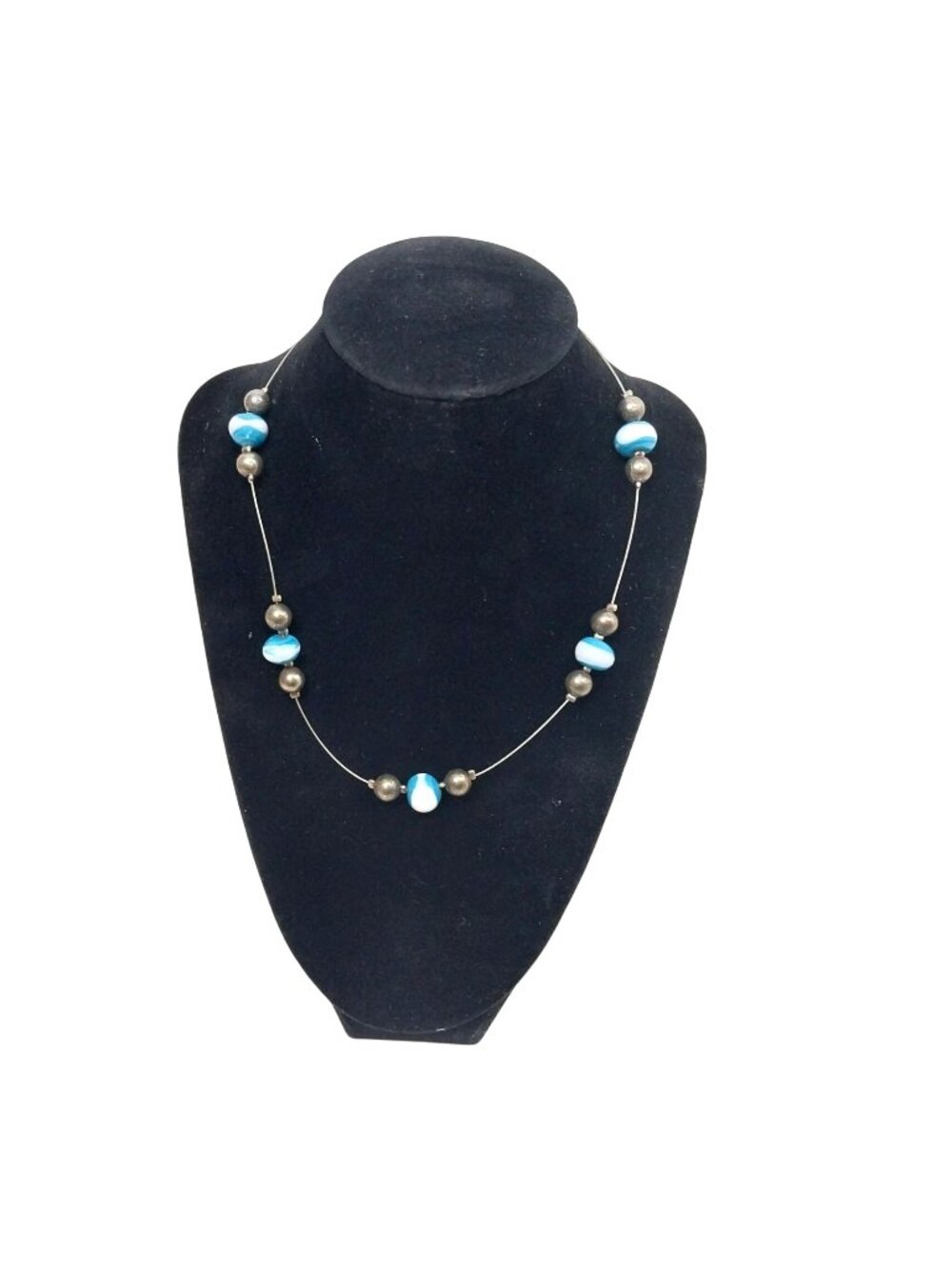 Artisan Blue & White Glass Bead Necklace Silver-Tone Spacers On Wire Strand